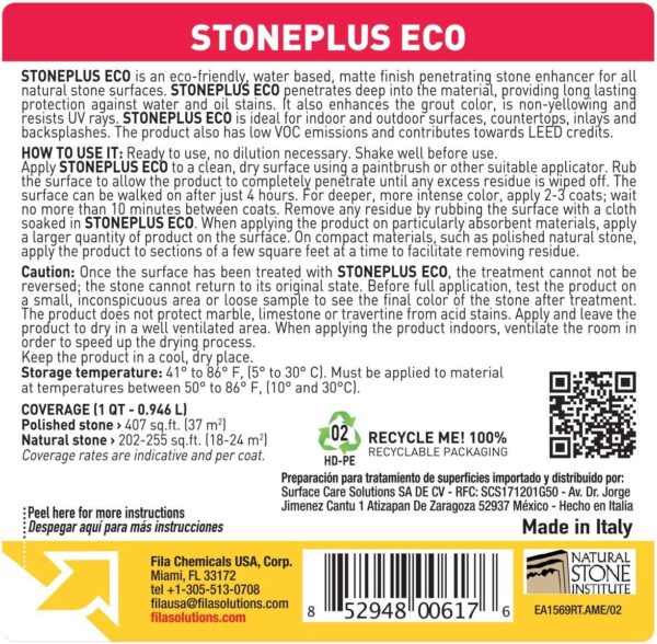 Fila Stone Plus ECO színkiemelő impregnálószer 1 liter - Hátoldali címke