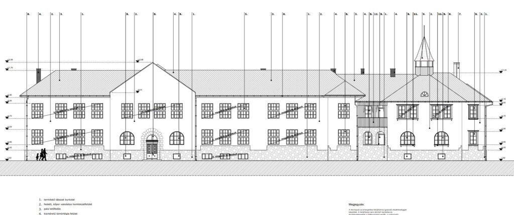 A csongrádi Bársony István Technikum keleti homlokzatának állapotterve, terméskő lábazattal